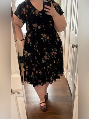 torrid Black Floral Midi Dress with Pink and Yellow Roses
